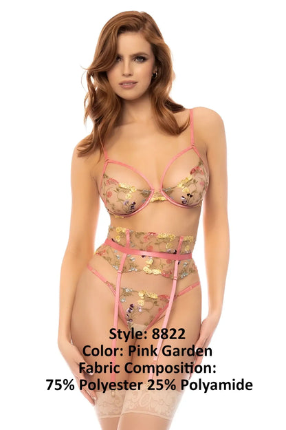 Pink garden lace lingerie set by Mapale with floral embroidery sheer mesh detailing three piece set in pink garden color