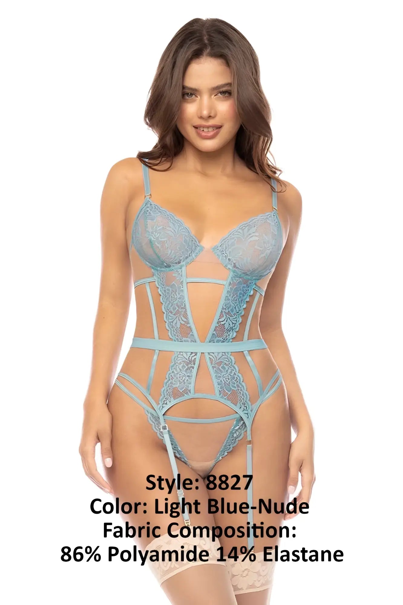 Light blue-nude lace bodysuit with sheer panels and intricate embroidery from mapale 8827 danna two piece set