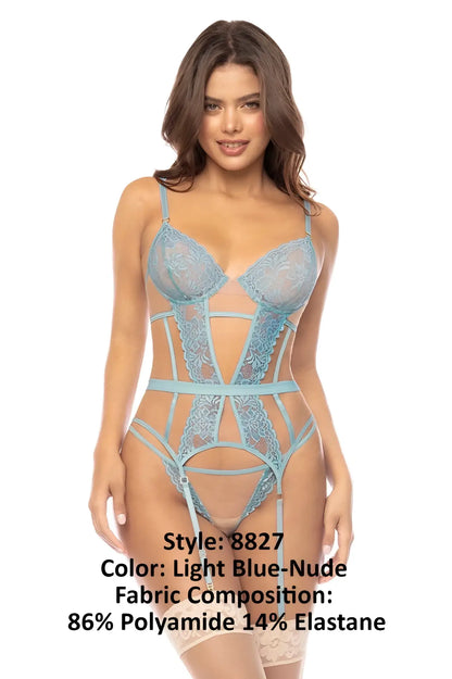 Light blue-nude lace bodysuit with sheer panels and intricate embroidery from mapale 8827 danna two piece set