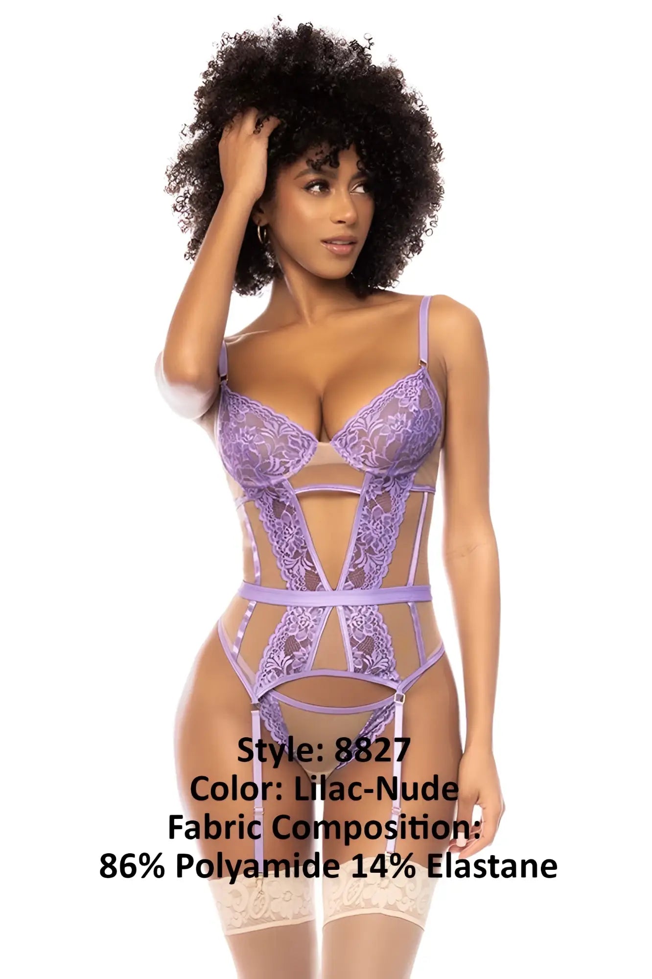 Lilac-nude Mapale 8827 Danna two piece lace lingerie set with sheer mesh panels and adjustable straps