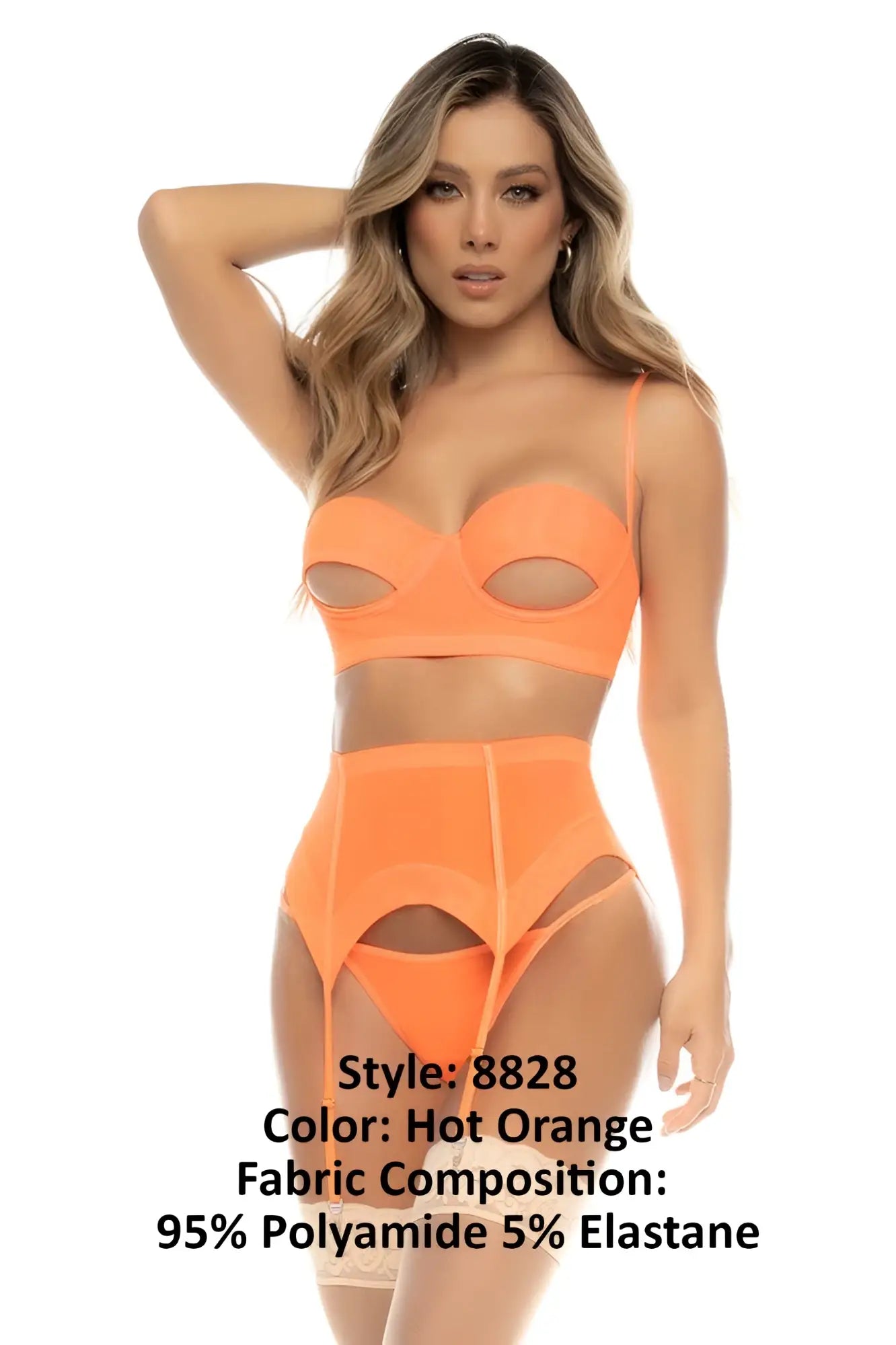 Hot orange lingerie set by Mapale featuring bra with cutout details and matching high waisted garter belt
