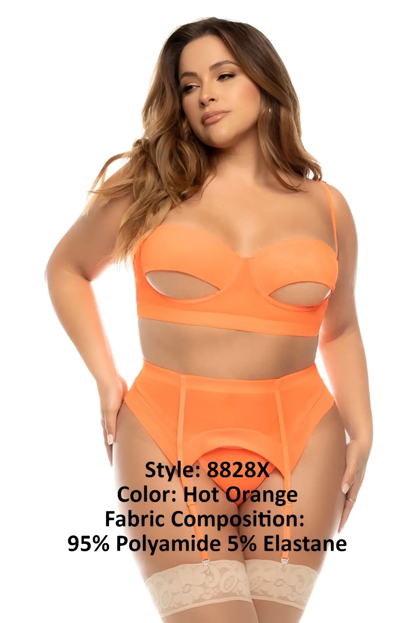 Hot orange lingerie set featuring cutout bra and high-waisted briefs made of 95 polyamide 5 elastane by Mapale