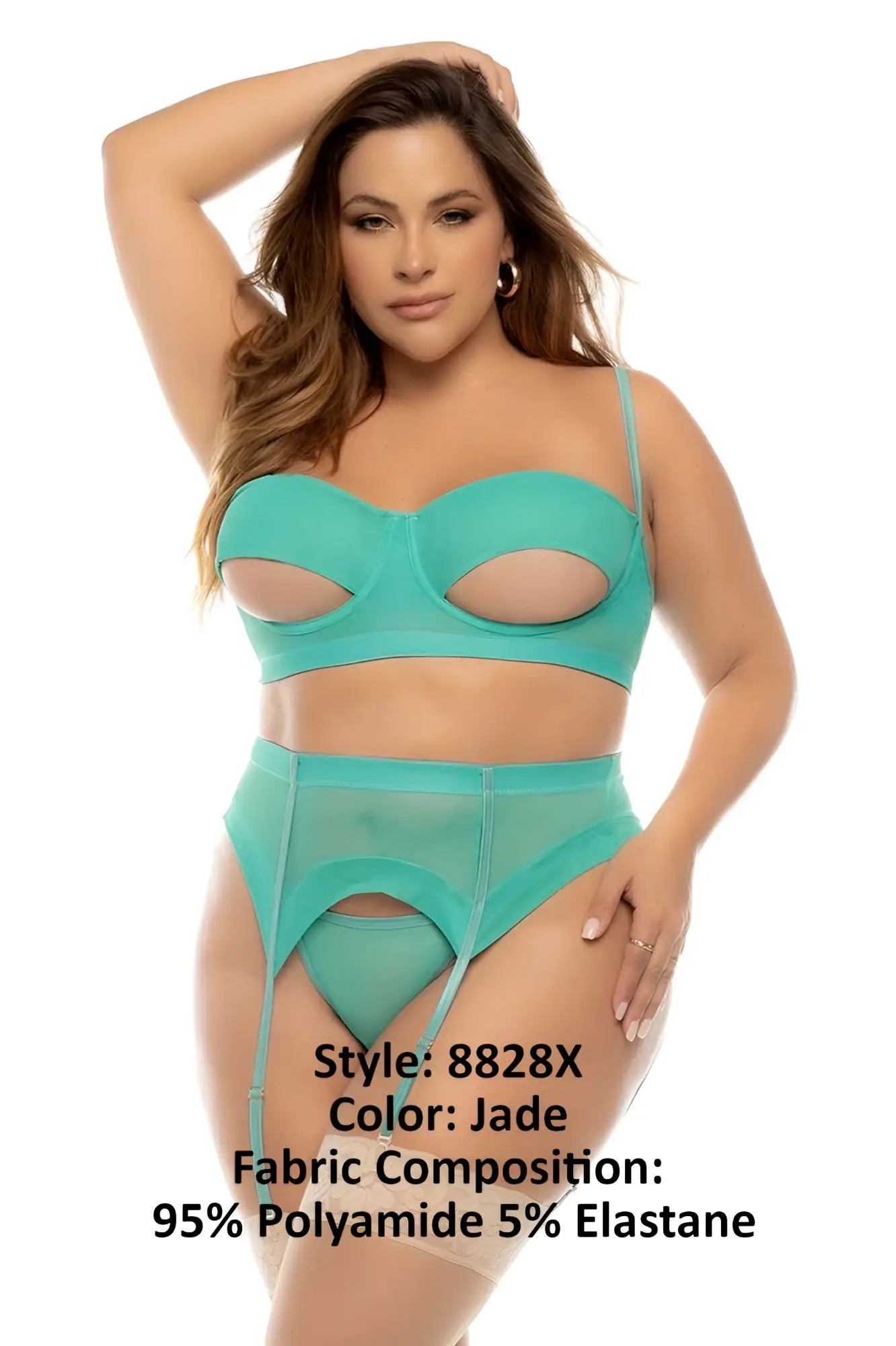 Mapale 8828X Sasha three piece sheer lingerie set in jade with cutout design and adjustable straps