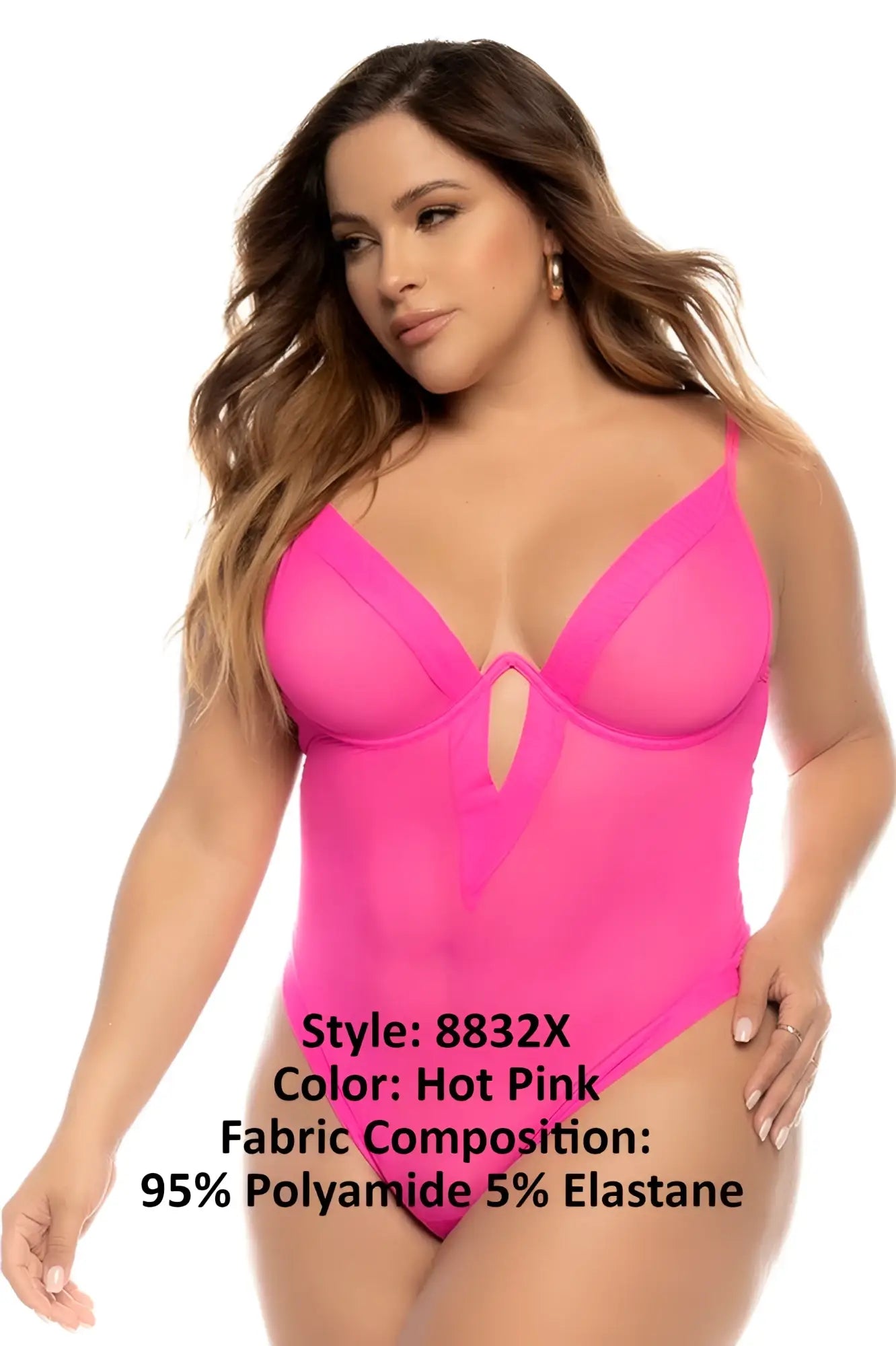 Hot pink Mapale 8832X Debra bodysuit with sheer mesh panels and central keyhole cutout in one-piece swimsuit design