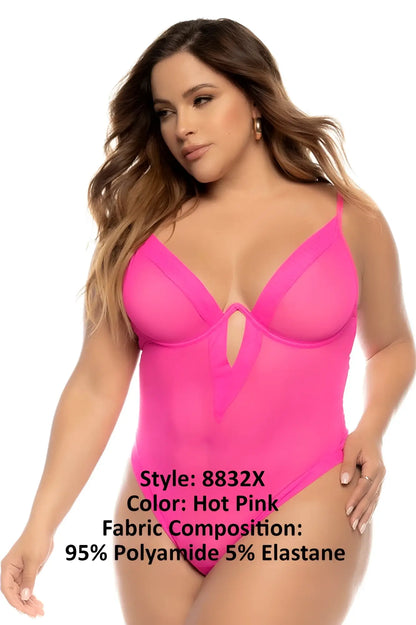 Hot pink Mapale 8832X Debra bodysuit with sheer mesh panels and central keyhole cutout in one-piece swimsuit design