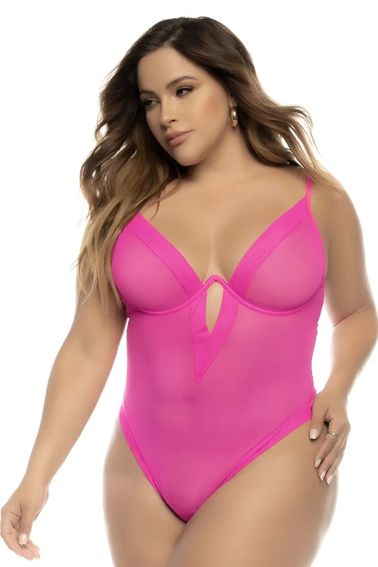 A vibrant pink sheer one-piece Mapale 8832X Debra bodysuit with plunging neckline and side cutouts