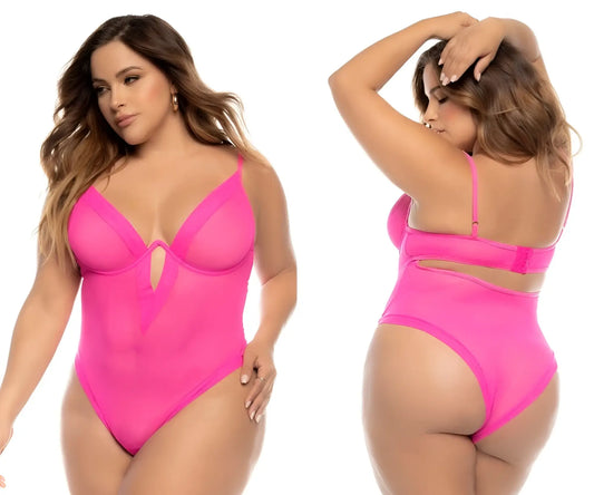 A vibrant pink sheer one-piece swimsuit with a plunging neckline and side cutouts from Mapale 8832X Debra Bodysuit