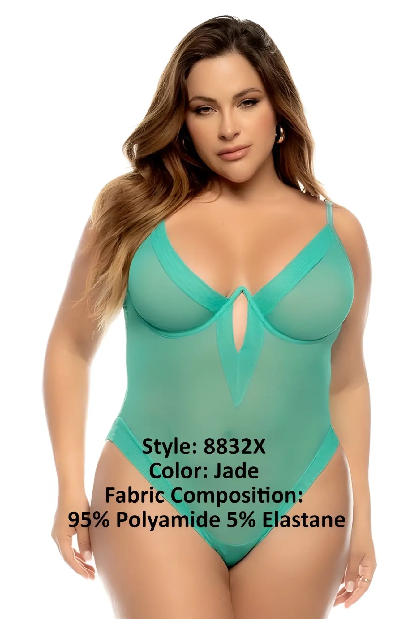 Mapale 8832X Debra bodysuit plus in jade sheer fabric with v-neckline and side cutouts one-piece lingerie