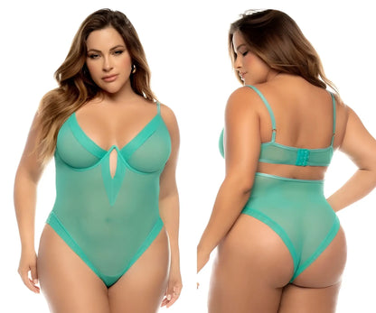 Teal sheer mesh debra bodysuit with matching bra and high-waisted panties in plus size by mapale jade color