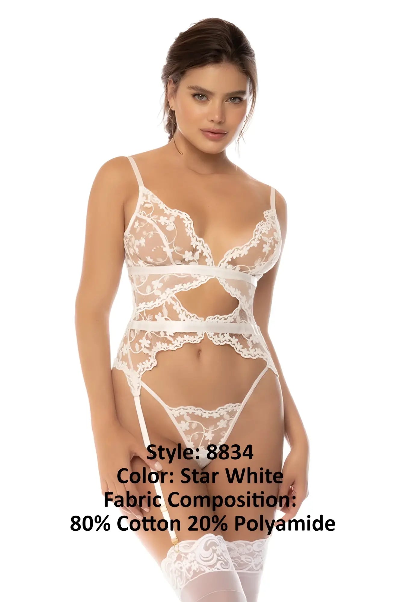 Star white lace bodysuit with delicate floral patterns and thin straps made of 80 cotton 20 polyamide by Mapale