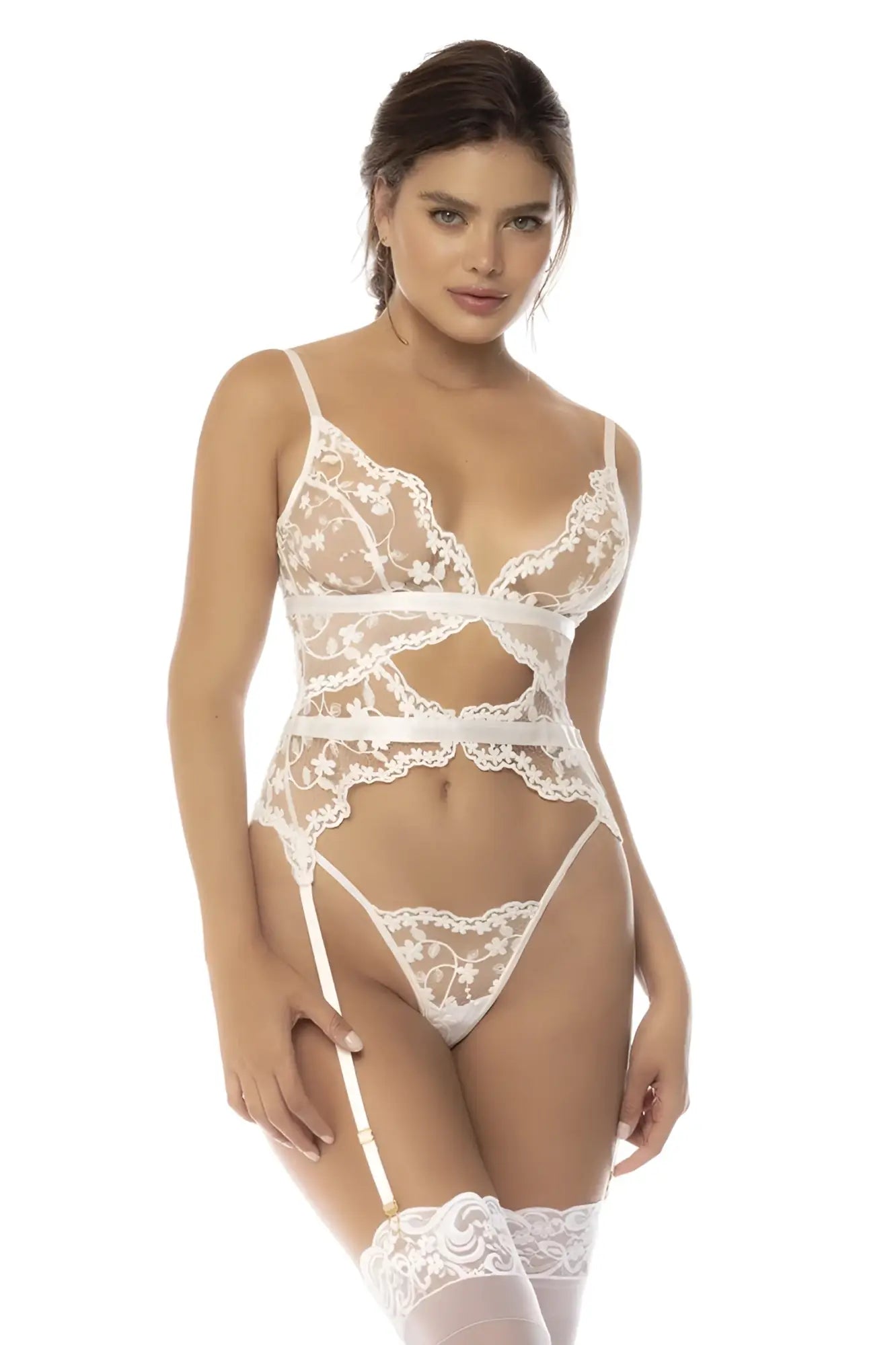 White lace bodysuit with delicate floral patterns and matching garter straps from mapale 8834 maxine set star white