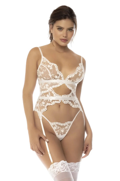 White lace bodysuit with delicate floral patterns and matching garter straps from mapale 8834 maxine set star white