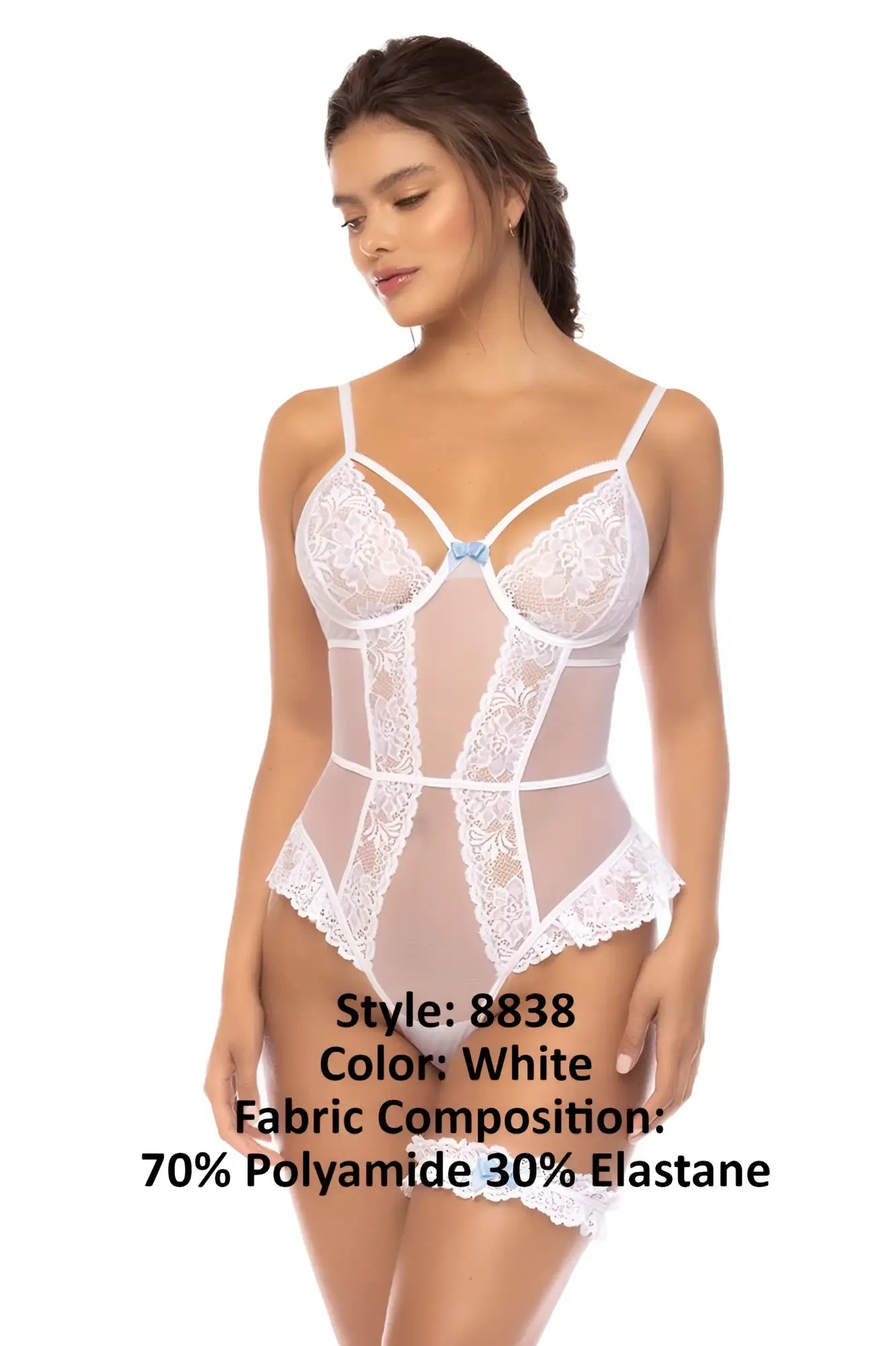 White lace bodysuit mapale 8838 emmeline teddy with sheer panels and floral embroidery made of polyamide and elastane