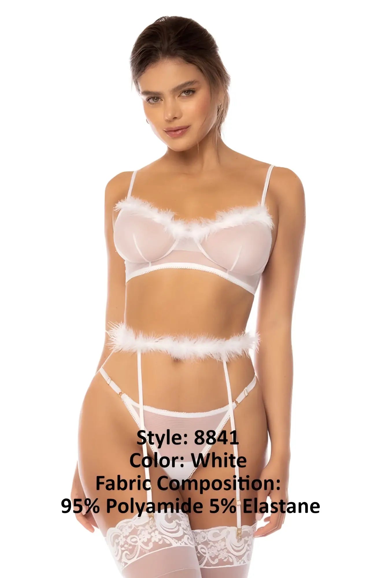 Mapale 8841 Emmie three piece set in white features white lace and feathered lingerie with sheer mesh cups and garter belt