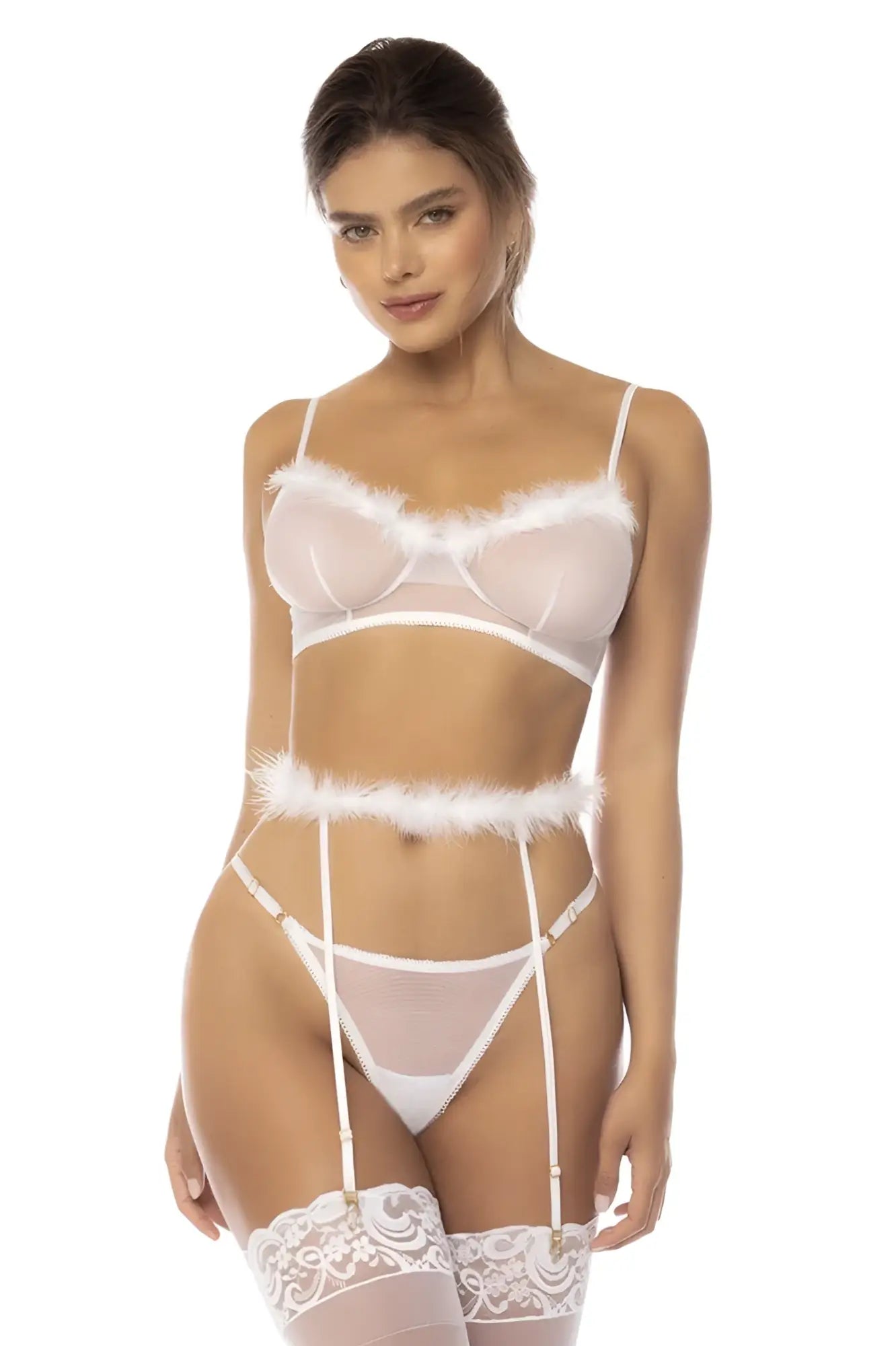 White sheer lace lingerie set with feather trim and garter straps from Mapale 8841 Emmie three piece set