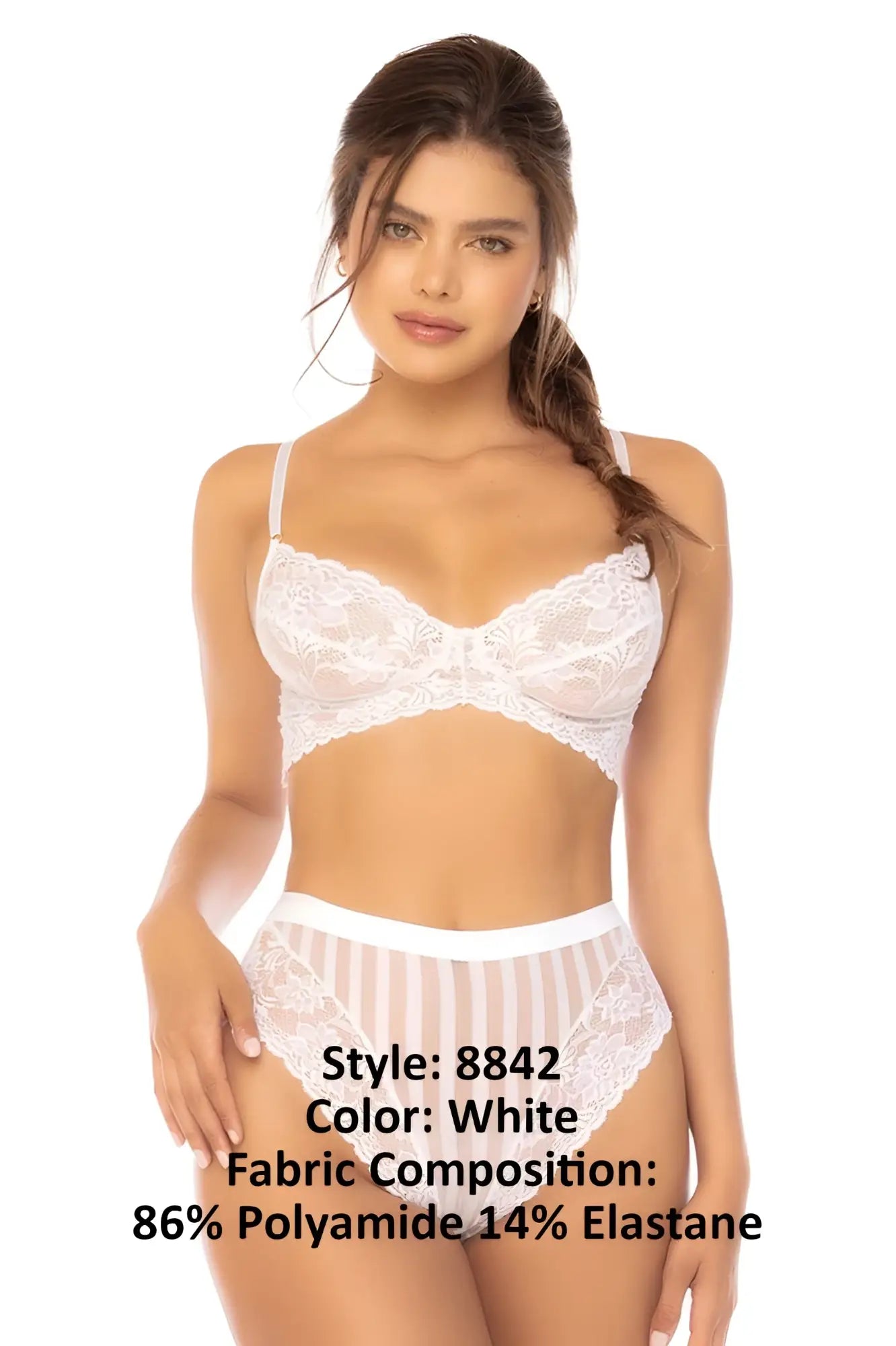 White lace bra and matching panties set with delicate floral patterns and sheer striped design from mapale 8842 emberly