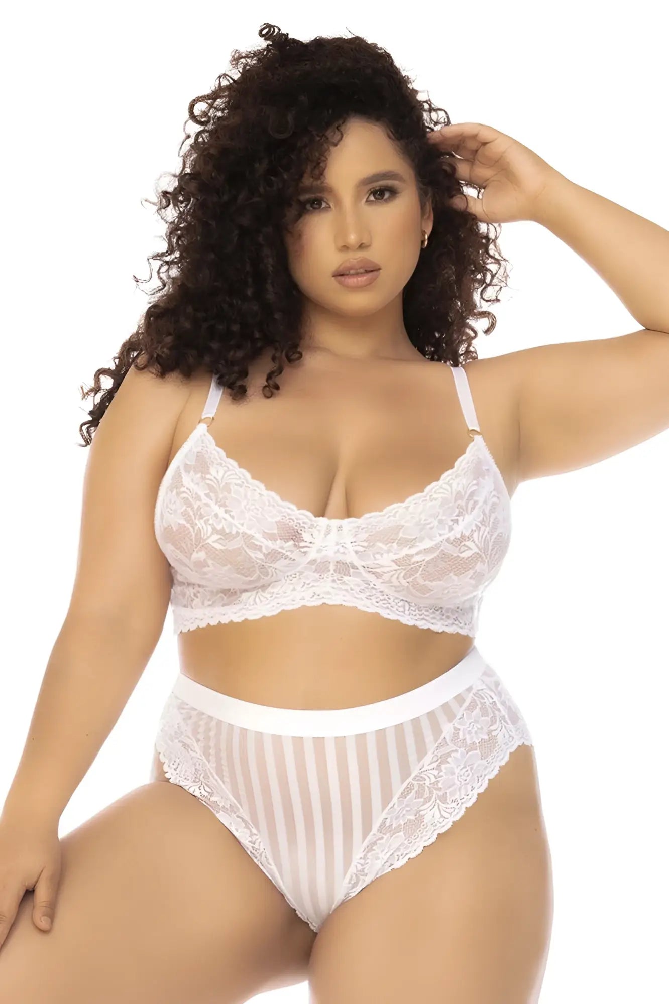 White lace bra and matching high-waisted panties with vertical sheer stripes in Mapale 8842X Emberly set