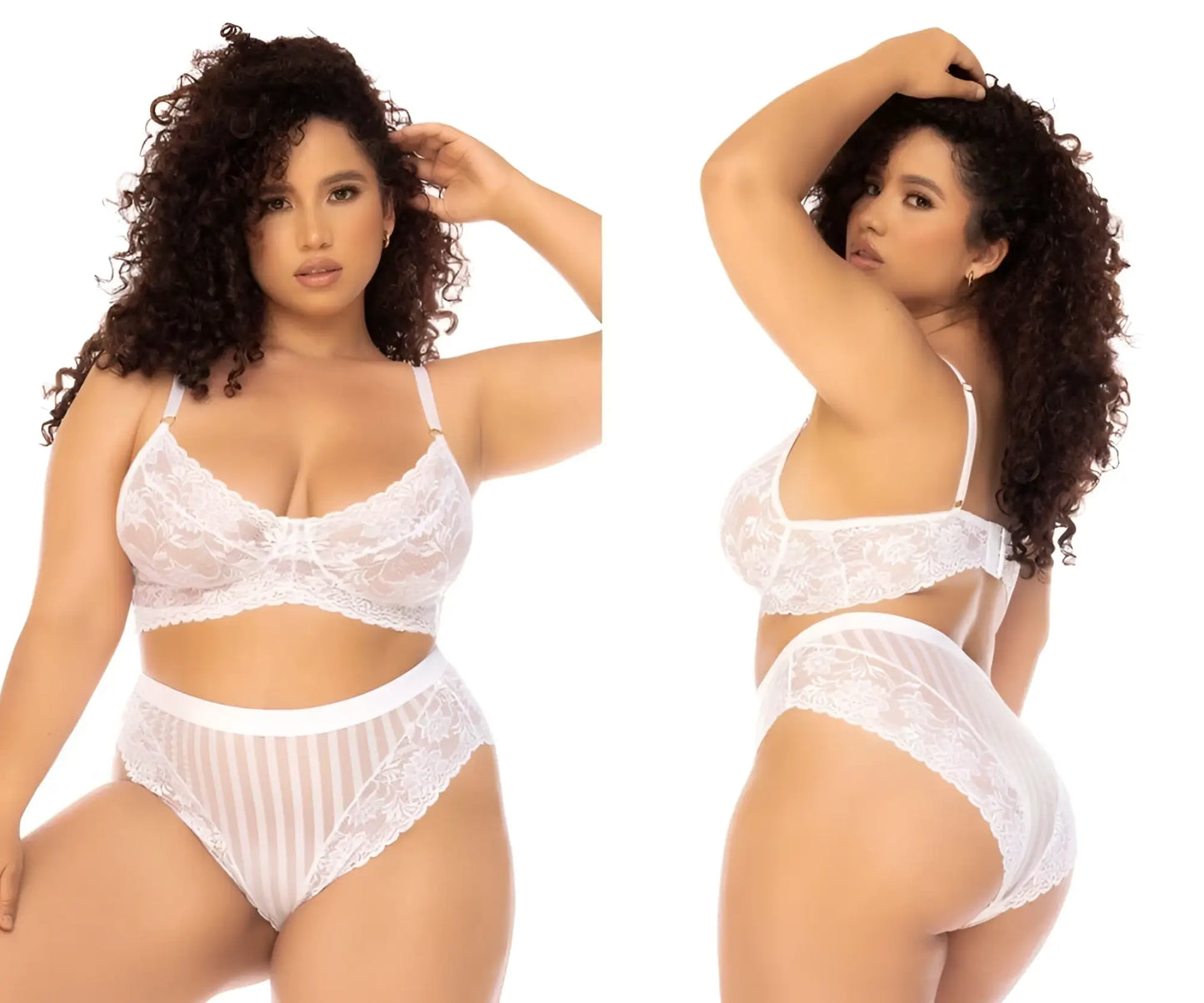 White lace and striped high-waisted lingerie set in white Mapale 8842X Emberly two piece plus size design