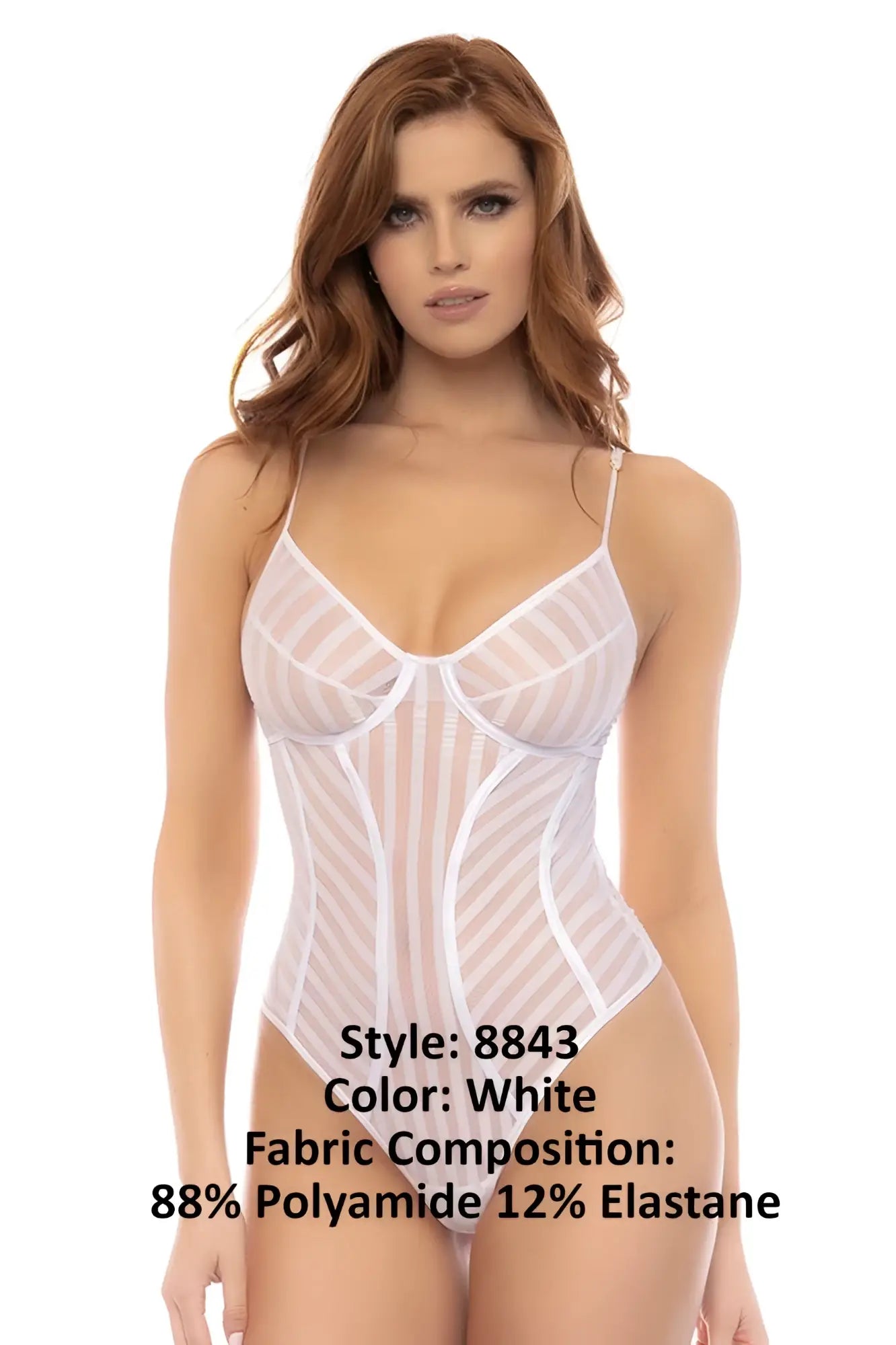 White sheer bodysuit with diagonal striped pattern and thin spaghetti straps by mapale 8843 emery bodysuit
