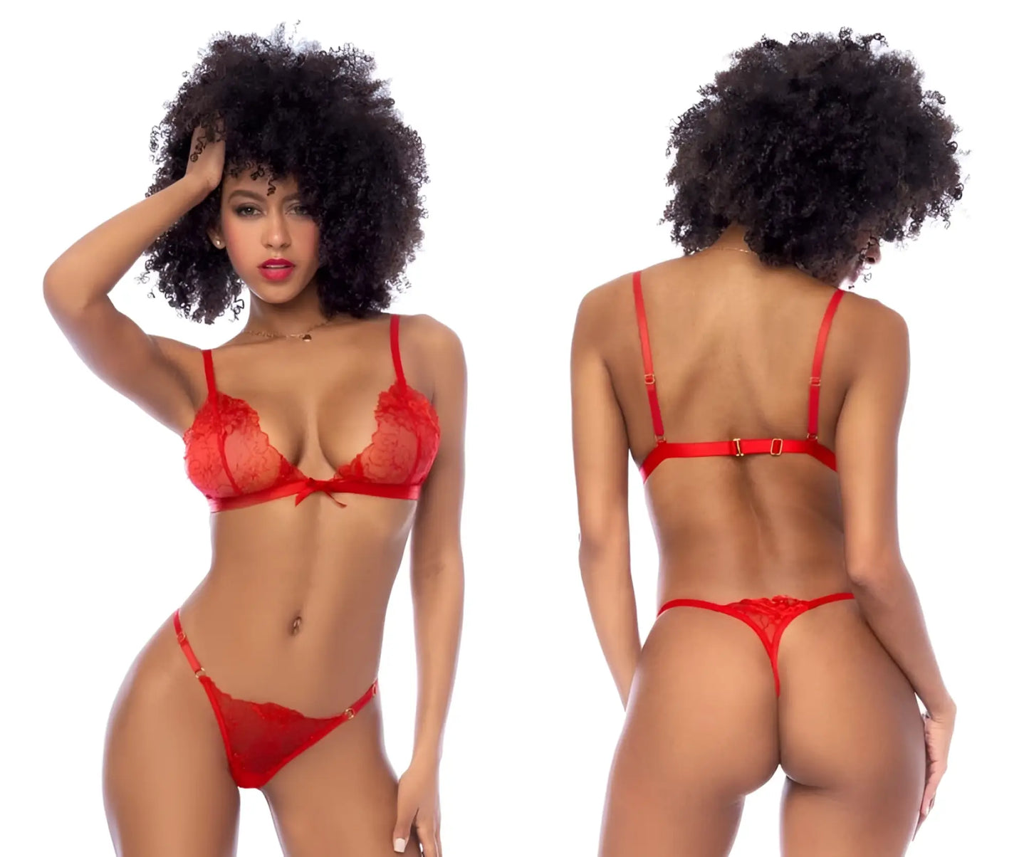 Red lace lingerie two piece set by mapale with thin straps and delicate bow detail in vibrant red color