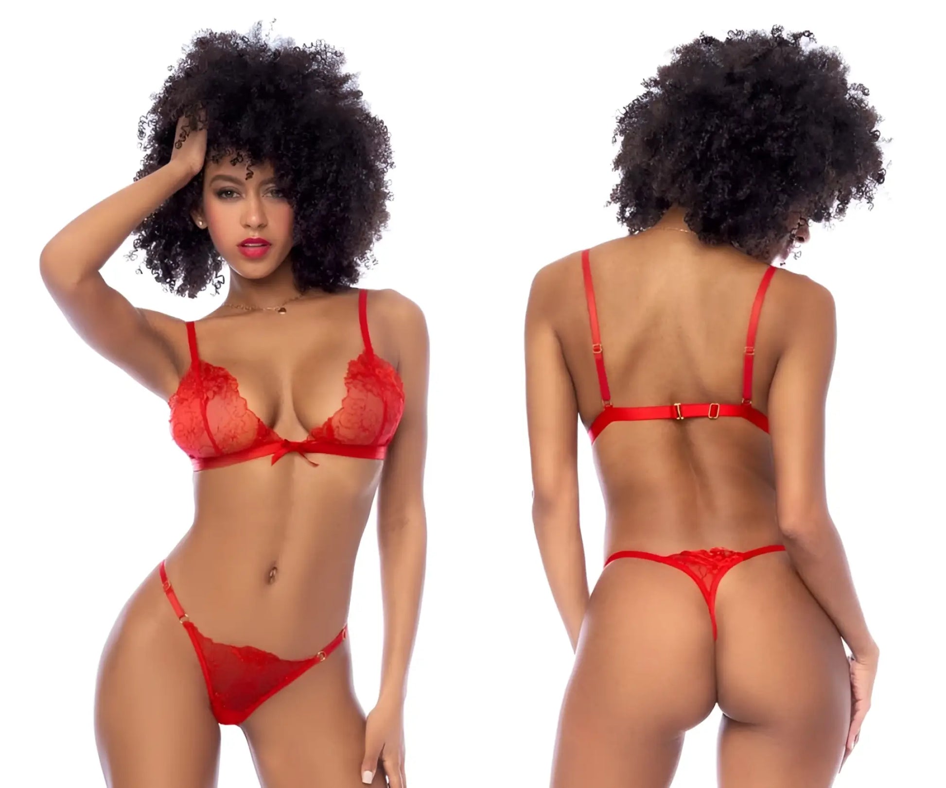 Red lace lingerie two piece set by mapale with thin straps and delicate bow detail in vibrant red color