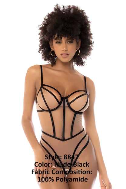 Mapale 8847 Promise bodysuit in nude and black with black lace, nude sheer panels, and corset-style design