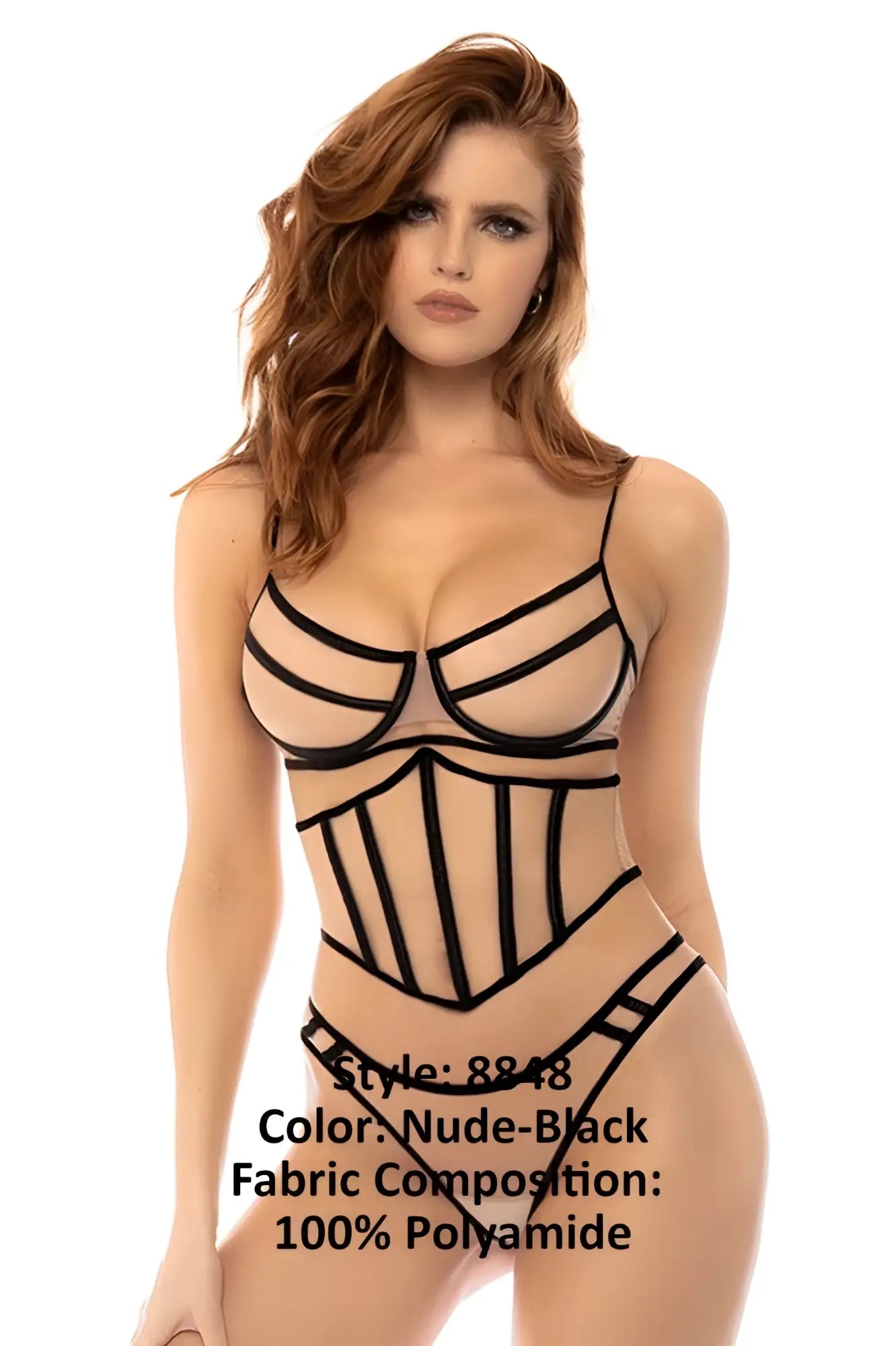 Nude-black sheer bodysuit with black lace-up detailing and corset-style front from Mapale 8848 Solaine set