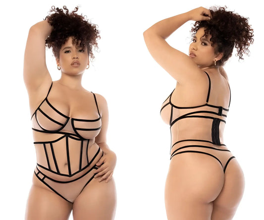 Black sheer lace bodysuit with bold geometric straps in nude-black from mapale 8848x solaigne three piece set