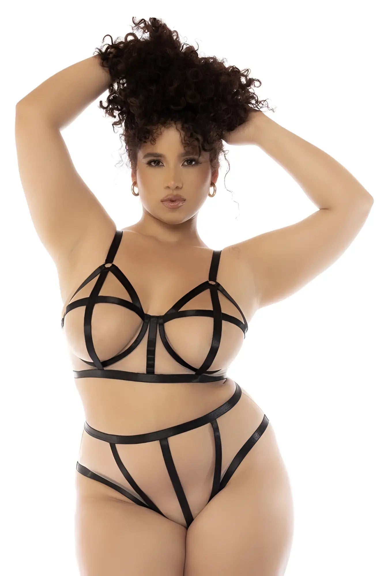 Black lace-up bra and matching thong set in nude and black by Mapale for plus size with lace material detailing