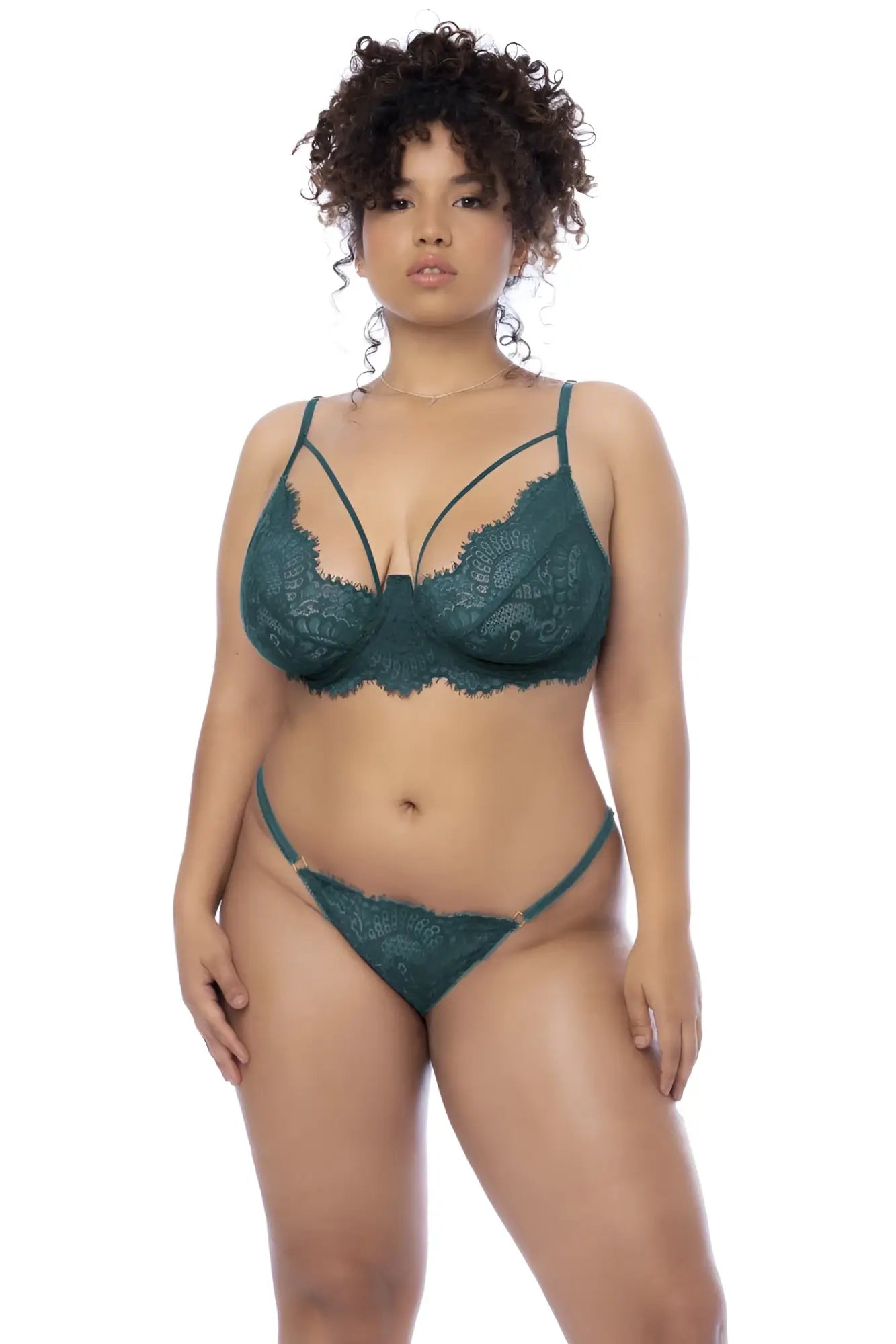 Mapale 8866X emerald green lace bra and matching thong three piece set in sea green color for intimate wear