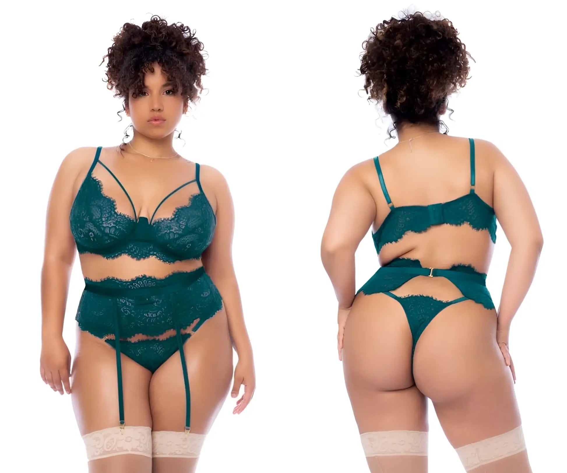 Emerald green lace lingerie set with delicate floral patterns and matching garter straps in sea green by Mapale 8866X