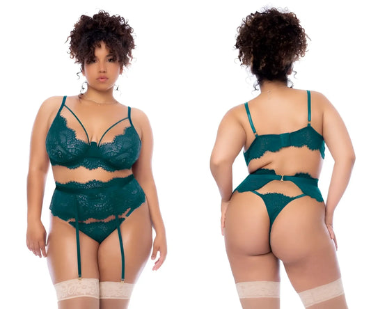 Emerald green lace lingerie set with delicate floral patterns and matching garter straps in sea green by Mapale 8866X