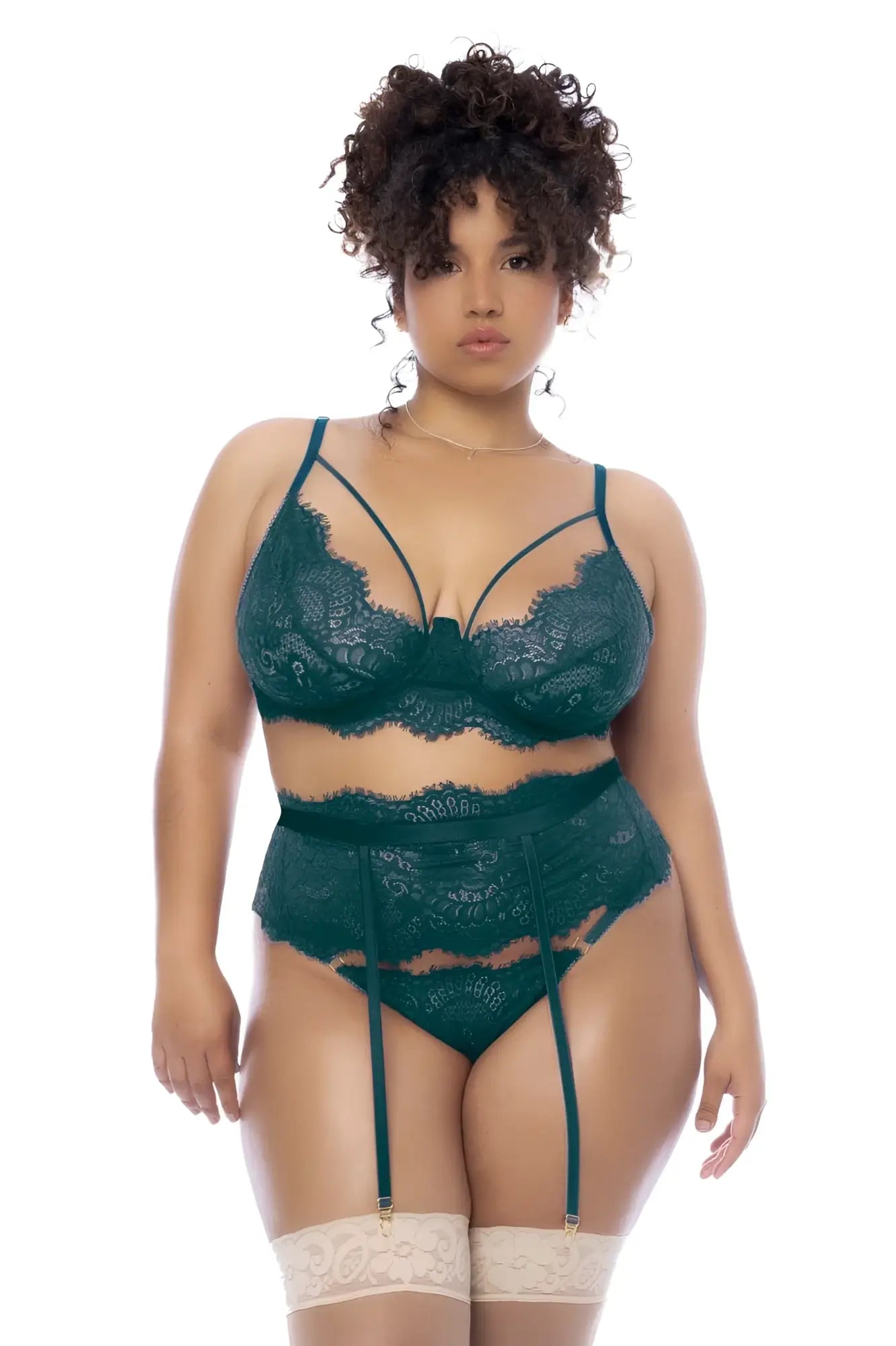 Mapale 8866X three piece emerald green lace lingerie set with matching garter belt and stockings in sea green