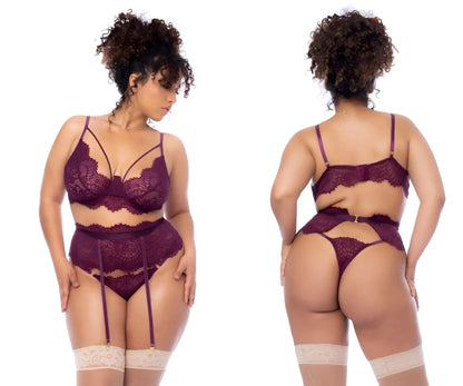 Purple lace lingerie set with matching garter belt and stockings in wine color by mapale 8866x three piece set