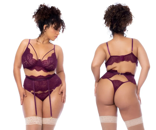 Purple lace lingerie set with matching garter belt and stockings in wine color by mapale 8866x three piece set