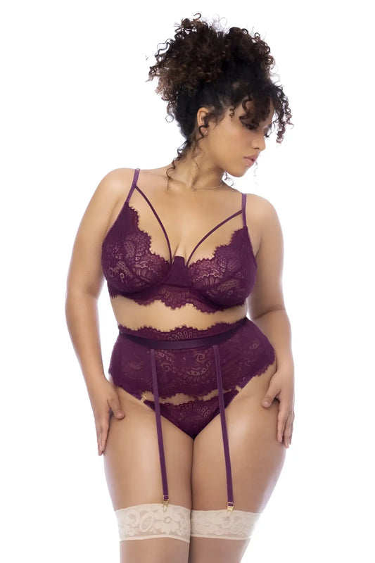 Wine purple lace lingerie set with suspenders and cream lace garter belts mapale 8866x three piece set