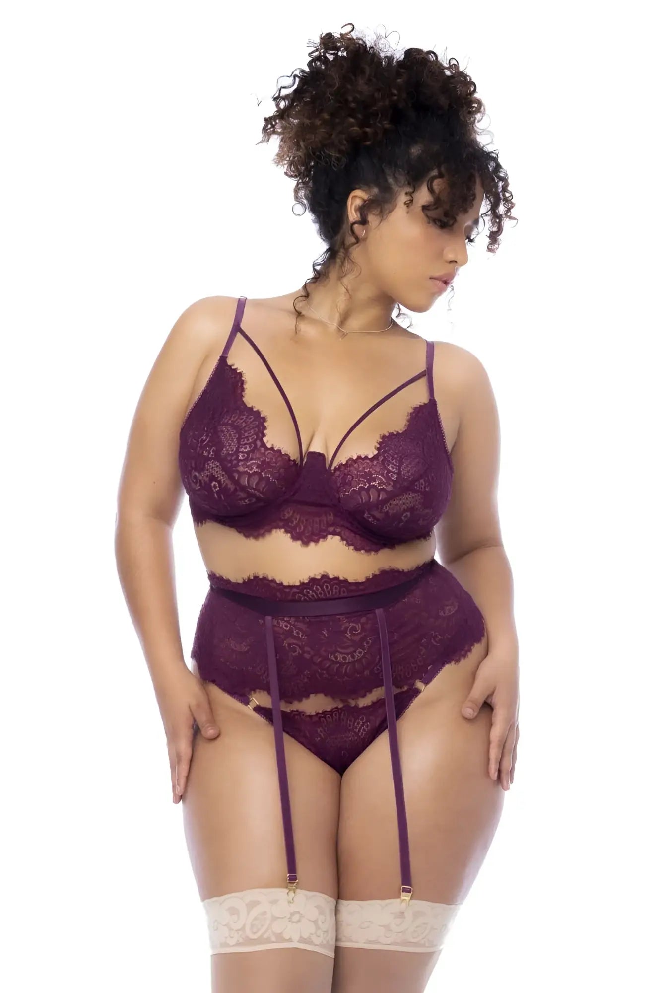 Mapale 8866x wine three piece set featuring purple lace lingerie with matching suspenders and cream lace garter belts
