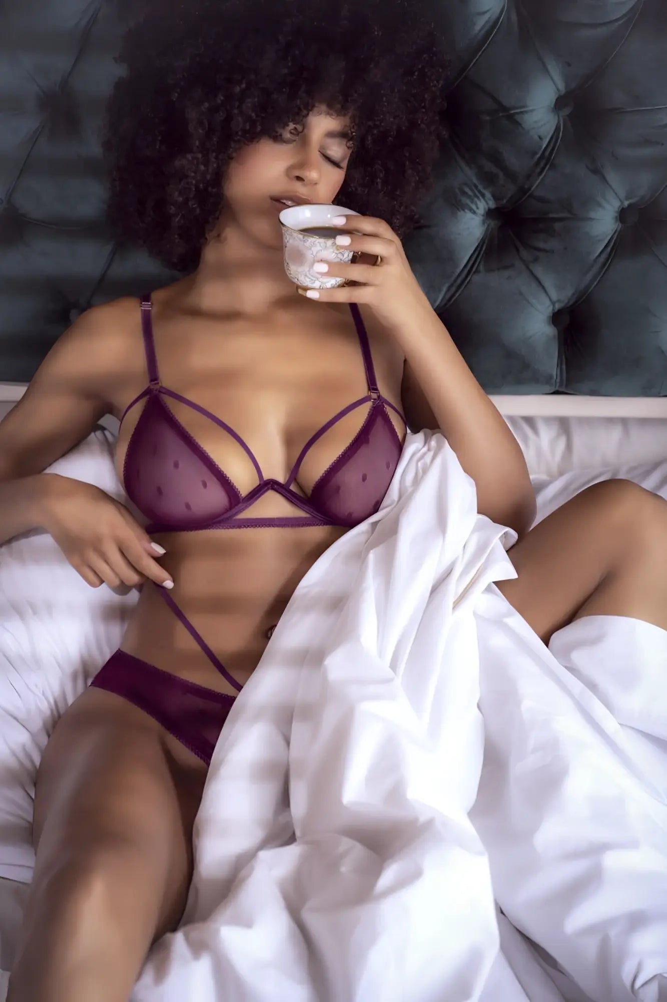 Mapale 8870 two piece set purple lace bra with thin straps and sheer dotted mesh design in wine color