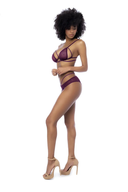 Mapale 8870 two piece set in wine color featuring purple lace lingerie with intricate mesh detailing and thin straps