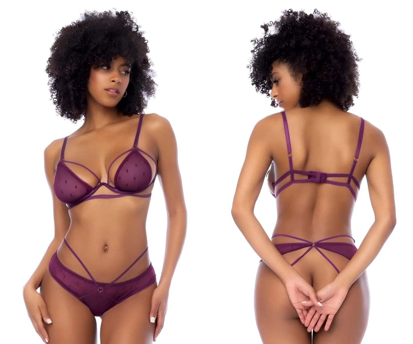 Mapale 8870 two piece set in wine color featuring purple lace lingerie with intricate crisscross straps and sheer mesh design