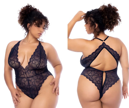 Mapale 8875X midnight blue lace bodysuit with intricate floral patterns and halter neckline
