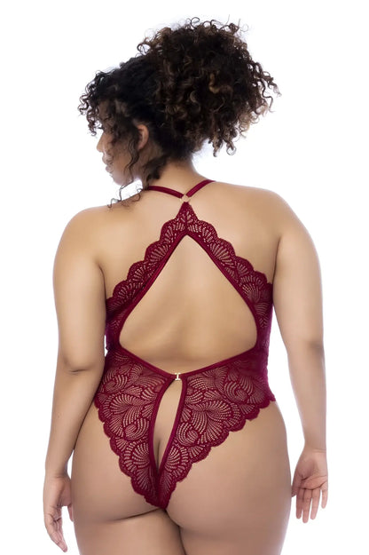 Mapale 8875X bodysuit in rosewood burgundy lace with detailed back design and open cutouts shown from the back side