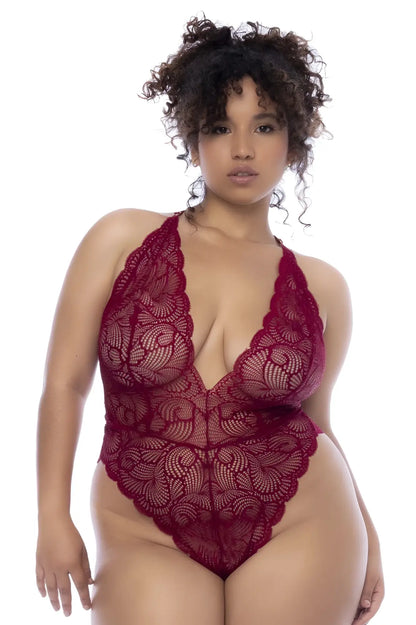 Mapale 8875X bodysuit in rosewood deep red lace with halter neckline and intricate floral patterns on front