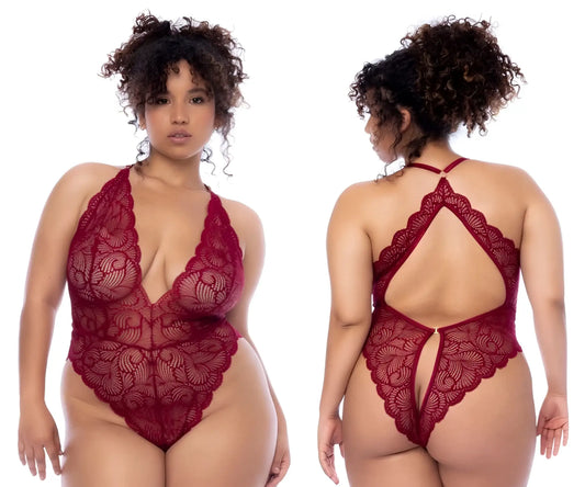 A deep red lace Mapale 8875X bodysuit with halter neckline and open back design in rosewood color