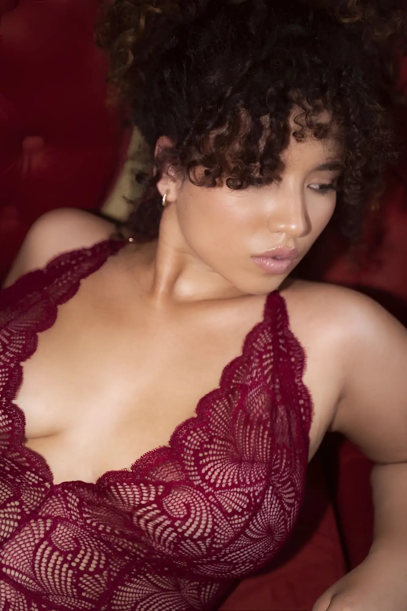 Mapale 8875X rosewood deep red lace bodysuit with intricate fan-shaped patterns and delicate scalloped edges