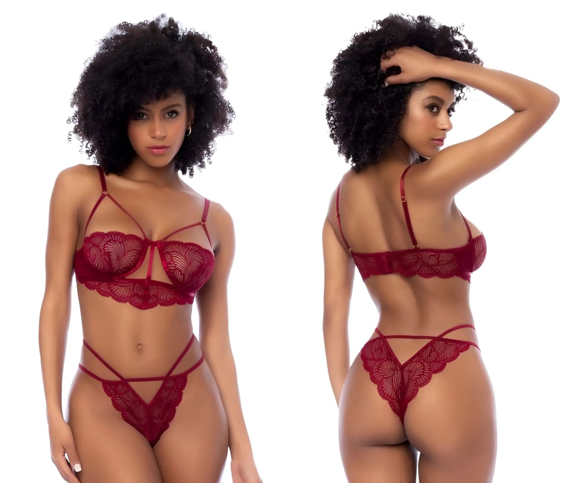 Red lace lingerie two piece set with intricate floral patterns and thin straps in rosewood by mapale 8878