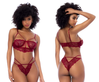 Red lace lingerie two piece set with intricate floral patterns and thin straps in rosewood by mapale 8878