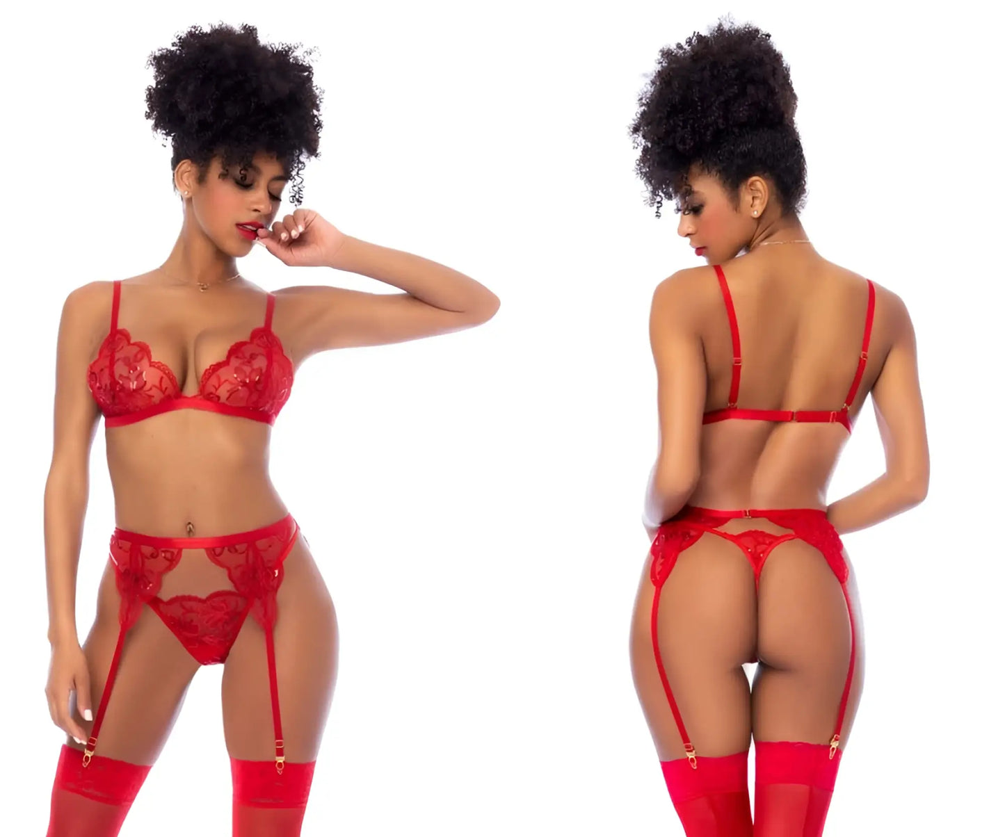 Red lace lingerie set with matching garter belts and thigh-high stockings by mapale 8893 in red