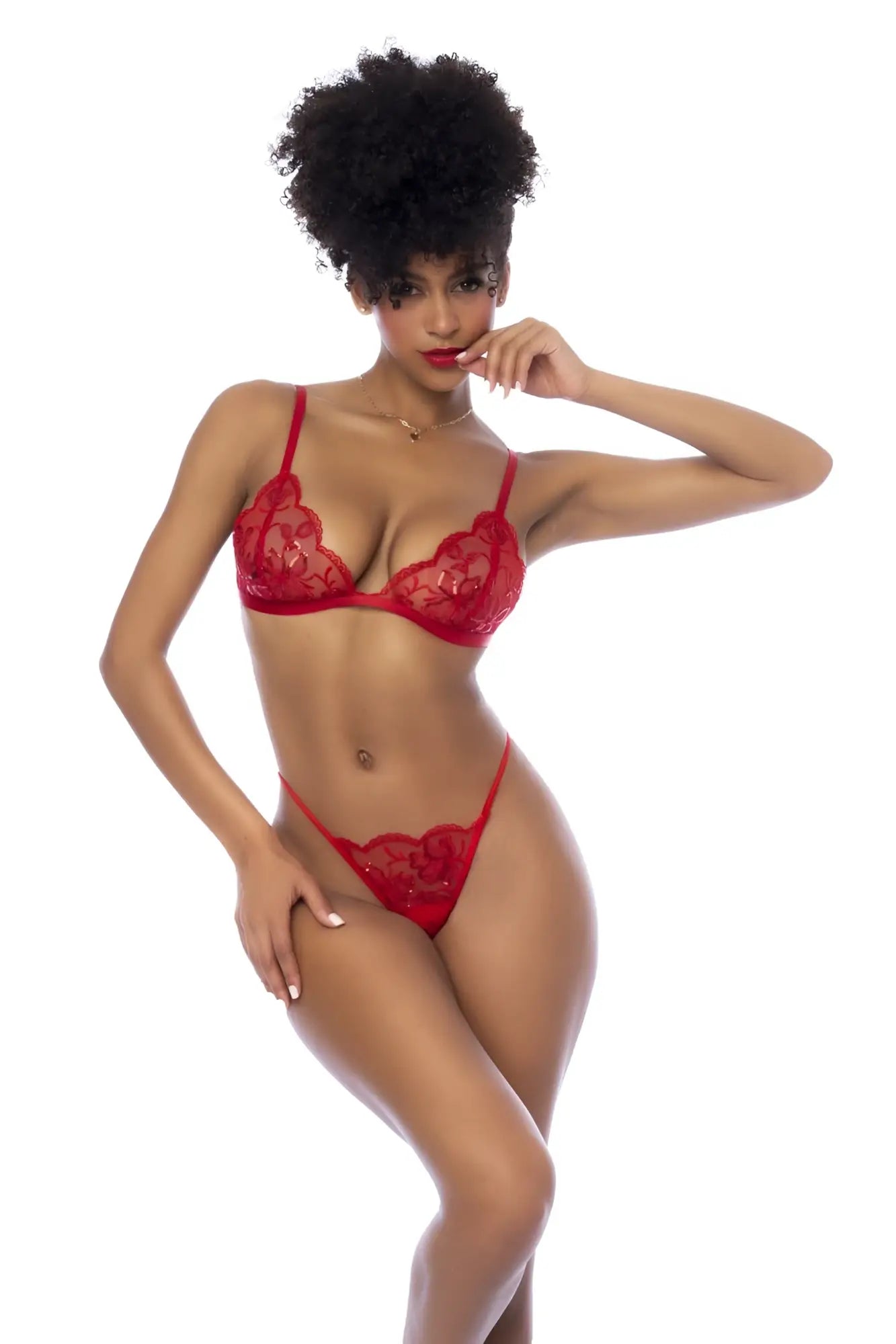 Red lace lingerie three piece set by mapale with intricate floral patterns in bold red for intimate wear