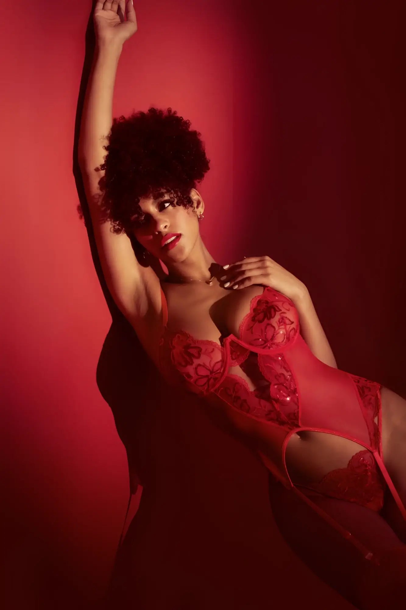 Red lace bodysuit with floral embroidery and sheer mesh panels from mapale 8896 two piece set in red